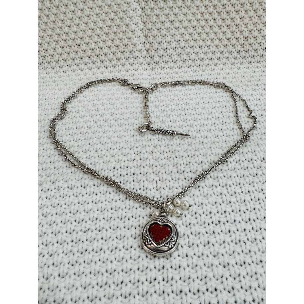 Brighton Red Heart Faux Pearl Double Strand Necklace Silver Tone 20"